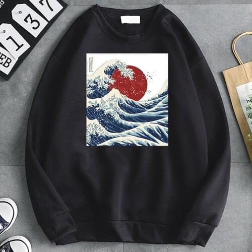 The Great Wave Off Kanagawa Print Sweatshirts Hoodies Casual Loose Pocket Mens Hooded Clothes Fashion Punk Style Kpop Tracksuits