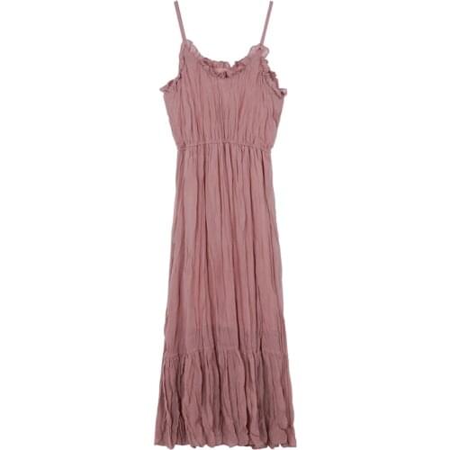 PERHAPS U Pink Ruffle Pleat Wrinkle Strap Sleeveless O Neck Midi Dress Mid Calf Summer Elegant Sexy Casual A Line D0372