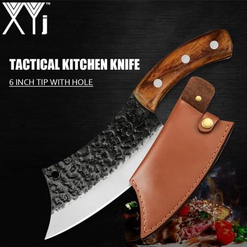 XYj 6'' Inch Hiking Camping Knife Stainless Steel Forged Slicer Tactical Outdoor Leather Cover Sheath Knife Cooking Tools