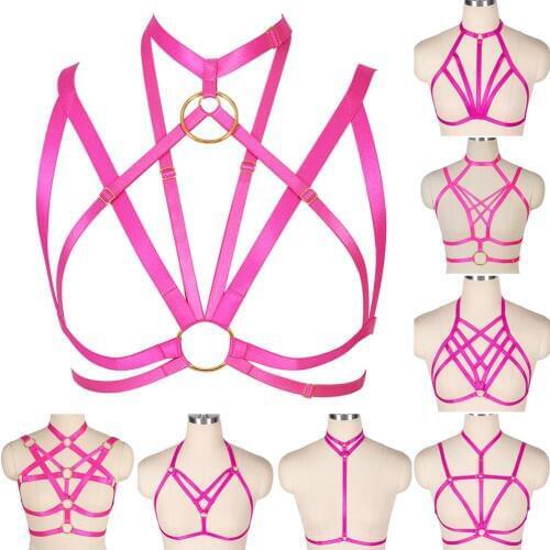 Hot Pink Bra Harness Belt Breast Cage Top Women Sexy Lingerie Gothic Punk Hollow out Rave Festival Strap Neck Plus Size Adjust