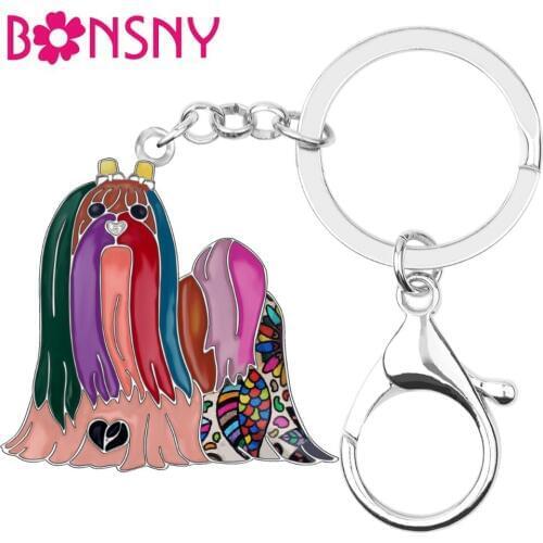Bonsny Alloy Enamel Maltese Dog Key Chain Keychain Holder Cute Animal Jewelry For Women Girls Bag Purse Charms Pendant Gift 2019