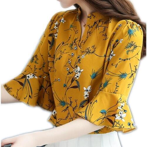 Plus Size 4XL Women Chiffon Fashion Print Floral Women Blouses 2019 Summer Butterfly Half Sleeve Short Shirts Slim Sweet Q216