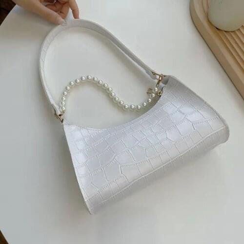 Pearl Baguette Shoulder Bags For Women Underarm Solid Color Crocodile Pattern 2021 Autumn New Designer All-Match Handbags