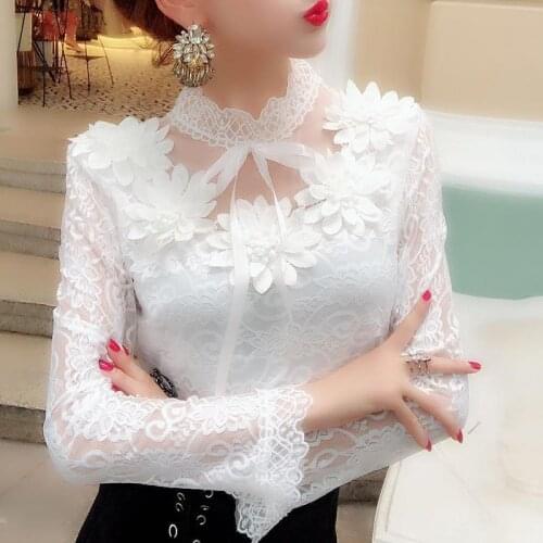 Women Shirts Lace Long Sleeve Blouse Sweet Floral Hollow Lace Shirt Female Bow Mesh Blouses 2020 Spring Bottoming Tops autumn