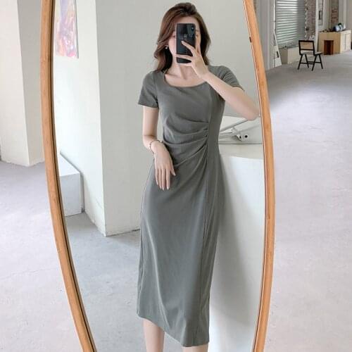 Casual Style Woman Dress O-neck Folds Black Summer Dresses Evening Elegant Fashion Korean Clothes Ladies Temperament New