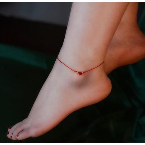 ZHIXI Real 24K Gold Anklet Pure 999 Heart Pendant 18K Gold Ball Hand Woven Adjustable Red Rope for Women Fine Jewelry Gift S527