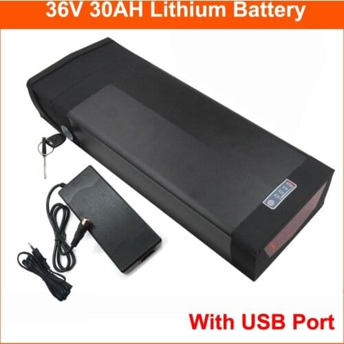 1000W 36V 30AH Rear Rack Battery 36V 10S Ebike Lithium Battery Pack With USB Port and Tail light 42V 2A Charger