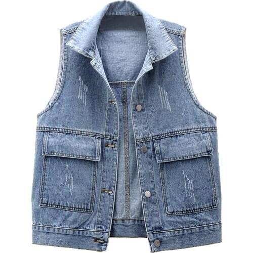 2021 Spring All-match Big pocket Denim Vest Womens Plus size 5XL Sleeveless Ladies Waistcoat Coat Female Vintage Jeans Jackets
