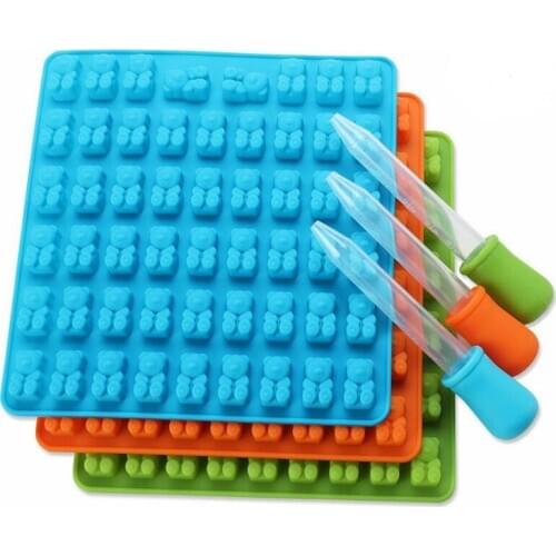 4 Color 53/50 Cavity Silicone Gummy Bear Chocolate Mold Candy Maker Ice cube Tray Jelly Moulds with free dropper lin4963