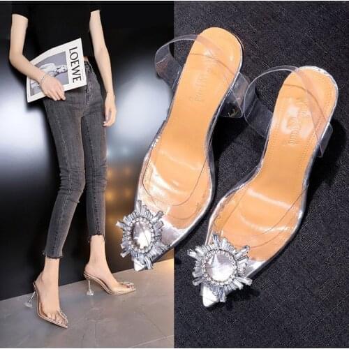 For Summer new style all-match crystal shoes womens wine glass rhinestone pointed high heel sandals women transparent
