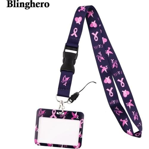 CB638 Breast Cancer Awareness Pink Ribbon Lanyard Card ID Holder KeyChain ID Card Passport Gym Cell Phone Badge Key Ring Holder