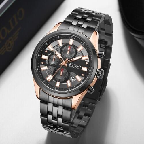 Watch Men Top Luxury Brand MEGIR Rose Gold Sport Waterproof Quartz Watches Mens Chronograph Date Male Clock Relogios Masculino