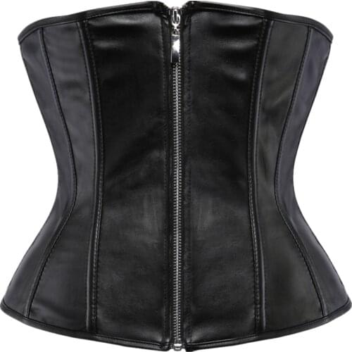 Black Short Zipper PU Faux Leather Underbust Corset Ladies Gothic Punk Body Sculpting Waist Clip