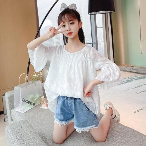 2021 summer new girls lace top and denim shorts 2pcs sets children clothing outfits wholesale