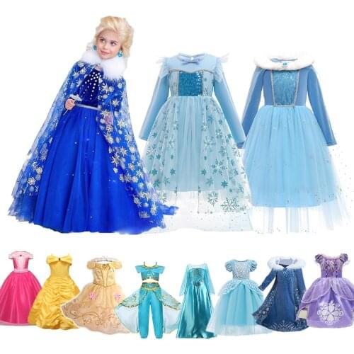 Children Princess Fancy Costume Elsa Party Carnival White Dress Up for Girl Christmas Birthday Frozen 2 Belle Snowflake Vestides