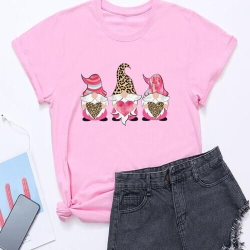Womens Valentines Day Leopard Print Love Heart Print Loose Short Sleeve T-Shirt Top