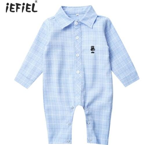 Gentleman Autumn Newborn Baby Boy Clothes Lapel Collar Long Sleeve Plaid Print Jumpsuit Infant Clothing Toddler Baby Romper
