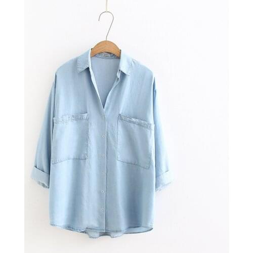 Joker tencel denim shirt loose shirt sleeve in the double pocket summer new big yards dress