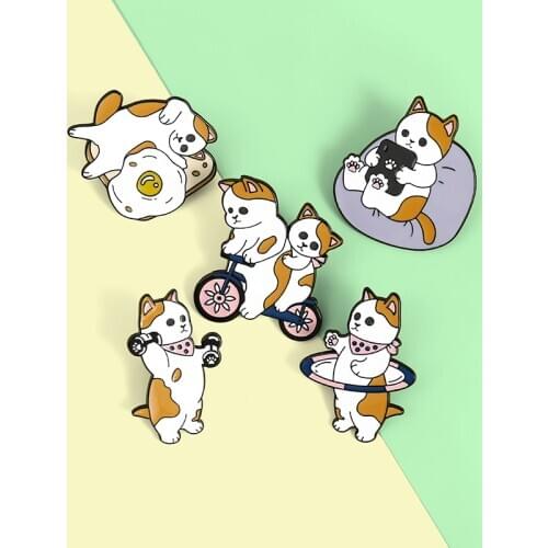 Cartoon Cats Life Enamel Pin Kitten Bicycle Dumbbells Hula Hoop Animal Brooches Badges Clothes Lapel Jewelry Gift for Friends