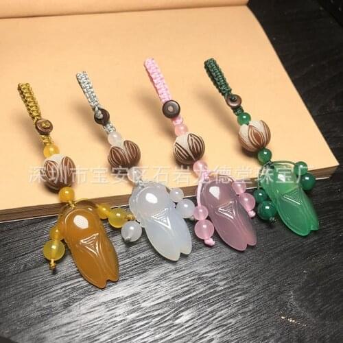 Natural Chalcedony Cicada Woven Rope Keychain Pendants Handmade Lanyard Key Chain Ring Hanging Trinkets Feng Shui Car Keyring