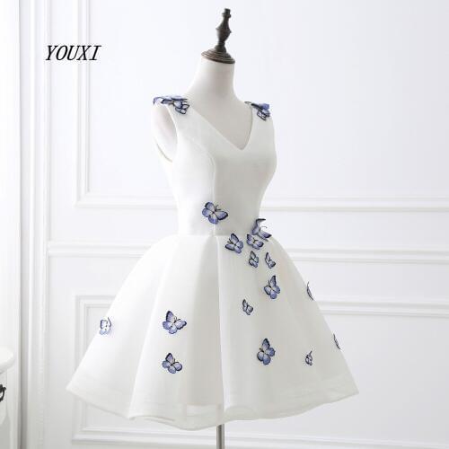 2019 Short Prom Dresses Graduation V-Neck White Blue Flowers Real Photos Party Formal Gown YOUXI