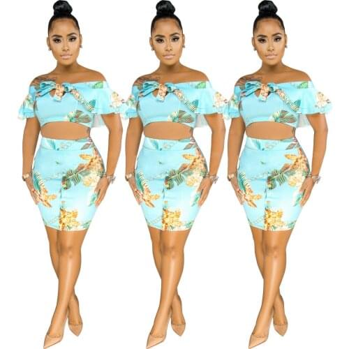 Summer New Womens Sexy Fashion Printed One-Shoulder Waistless Skirt Two-Piece Suit