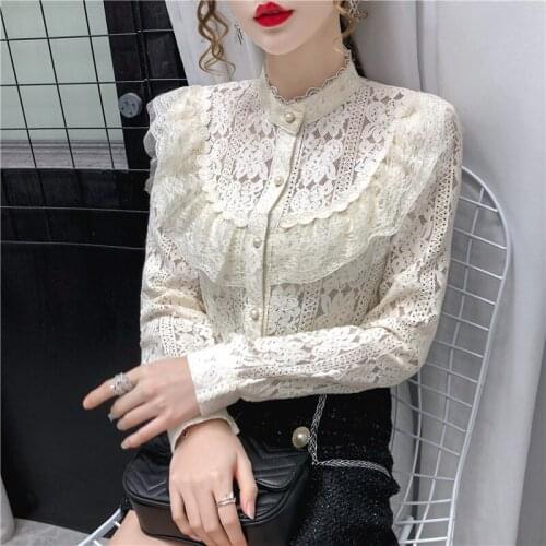 Lolita Elegant Chic Button Hollow Out Flower Lace Patchwork Shirt Stand Collar All-match Femme Blusas Petal Sleeve Women Blouses