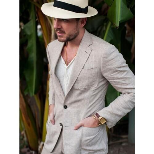 ANNIEBRITNEY Beige 2 Piece Men Slim Fit Linen Summer Suit 2020 Summer Beach Groom Wedding Tuxedo Tailor Made Casual Men Suit