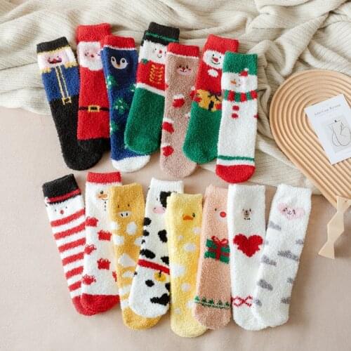 Coral Fleece Socks Half Fleece Womens Socks Christmas Socks Korean Thick Warm Couple Socks Cute Cartoon Snow Socks Womens Sox