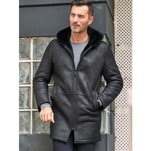 New Mens Shearling Jacket Long Fur Coat Hooded Wool Winter Outerwear Black Leather Overcoat