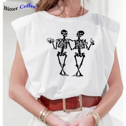 NEW Women Fashion Graphic Tees Women Polyester Casual Summer Tees & Tops Sleeveless Sexy Skull Sister Tee Shirts Plus Size