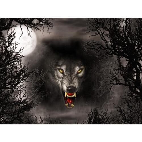 Full Square 5D Diy Daimond Painting Black Wolf Moon 3D Diamond Painting Round Rhinestone Diamant Painting Embroidery Animals