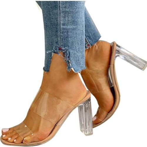 LIHUAMAO Transparent Crystal sandals women chunky heel Pumps peep toe slip on slipper sandals party wedding