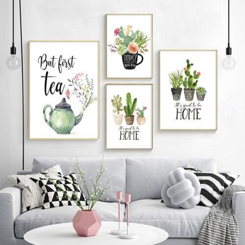 Botanical Posters and Prints Green Plant Cactus Canvas Painting Home Sweet Home Quote Art Picture Housewarming Gift Home Decor