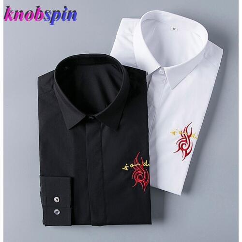 Europe Fashion Mens Shirt Personality Design Embroidery Long sleeve Clothes male High quality Casual Slim shirts men Solid