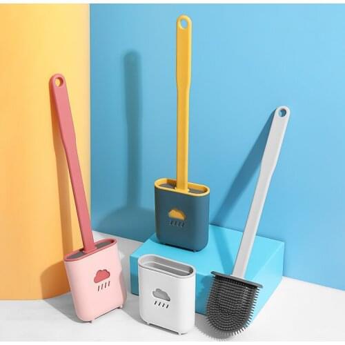 Toilet Brush Water Leak Proof With base Silicone Wc Flat Head Flexible Soft Bristles Brush with Quick Drying Holder Set