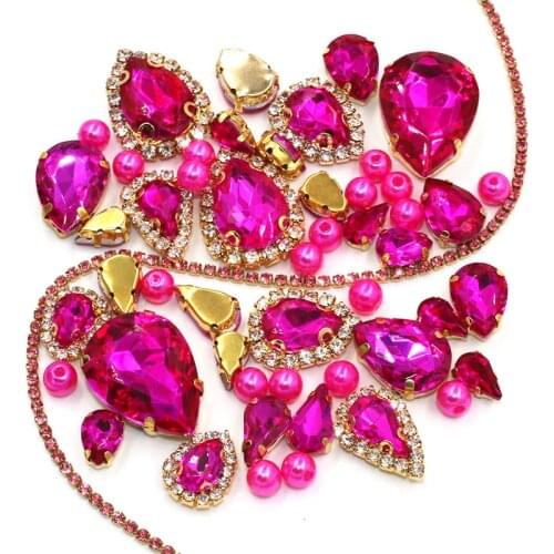 Wedding Decoration gold base Rose red Mix size Glass Crystal Stones Pearl Beads Cup Chain Rim Rhinestones Sew On Clothing/Dress