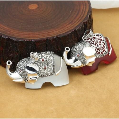 925 Sterling Silver Jewelry Retro Thai Silver Men And Women Fashion Couple Marcasite Inlaid Opal Elephant Pendant