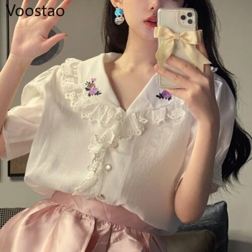 Sweet Lolita Style Lace Blouses Women Cute Peter Pan Collar Floral Embroidery White Shirts Korean Office Lady Elegant Shirt Tops
