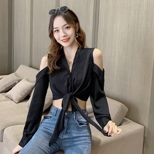Black Sexy Ladies Button Shirt Strapless Hollow Bowknot Tether Chiffon Blouse V Neck Long Sleeve Cardigan Top Casual Street Girl