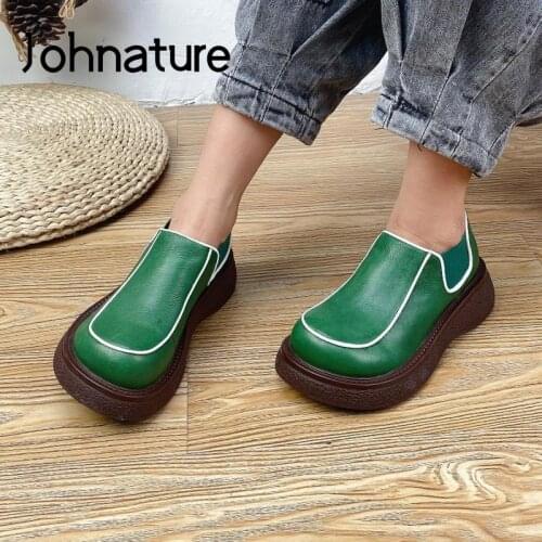 Johnature Pumps Women Shoes 2021 New Autumn Genuine Leather Round Toe Retro Handmade Concise Sewing Leisure Fashion Ladies Shoes
