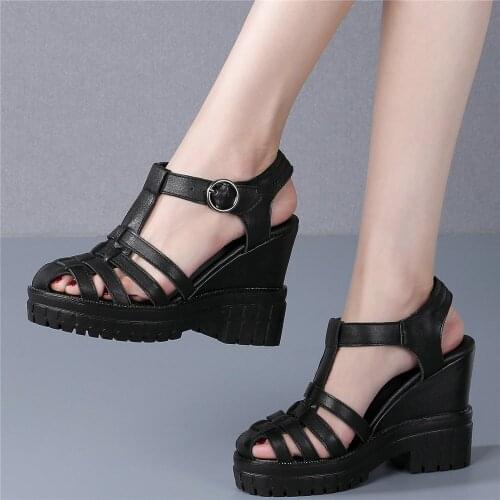 New Oxfords Shoes Women Ankle Strap Genuine Leather Wedges High Heel Gladiator Sandals Female Round Toe Pumps Shoes Casual Shoes