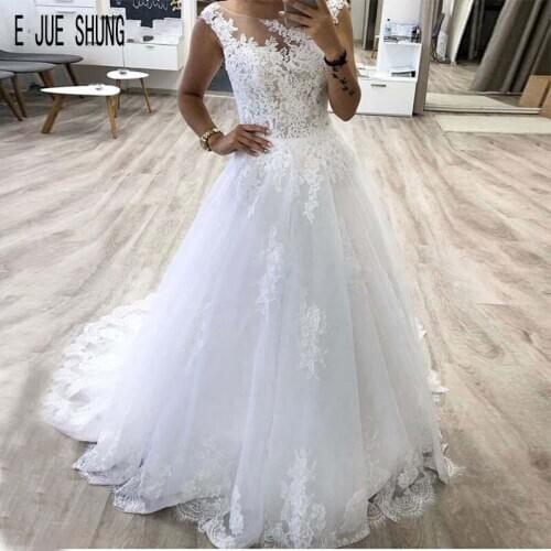 E JUE SHUNG White Appliques Boho Wedding Dresses Scoop Neck Sleeveless Tulle Wedding Gowns A Line Bride Dresses vestido de noiva