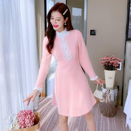 Ladies Patchwork Long Sleeved Woolen Dress Women Autumn Winter Runway Style Temperament Slim Tweed Dress