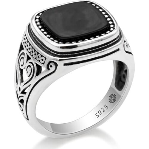 925 Sterling Silver Men Ring with Suqare Natural Stone Carved Design Thai Silver Ring for Women Men Turkish Jewelry