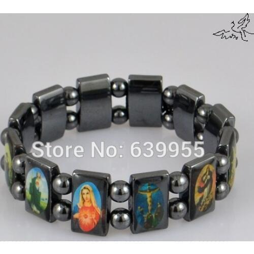 18mm Black Hematite Rosary Beads Bracelet JESUS SAINTS Maria Angel Fashion Catholic Christian Religious Jewelry