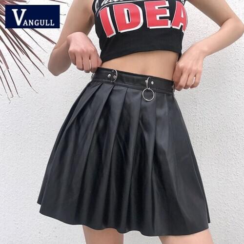 Vangull Black Pu Faux Leather Pleated Skirt Women 2021 New A-Line High Waist Punk Zipper Skirt Fashion Preppy Female Mini Skirt