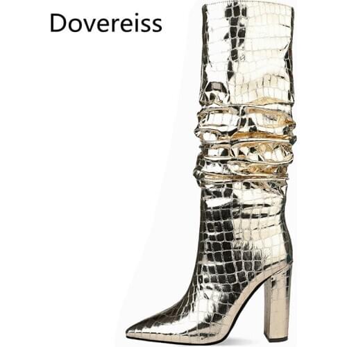 Dovereiss Fashion Womens Shoes Winter new Elegant sexy Pure color Zipper light gold Chunky heels Knee high boots Concise 34-45