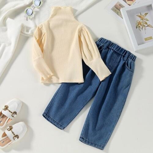 FOCUSNORM 2pcs Autumn Kids Girls Clothes Sets 1-6Y Solid Long Sleeve Turtleneck Knit Sweater Tops Denim Pants