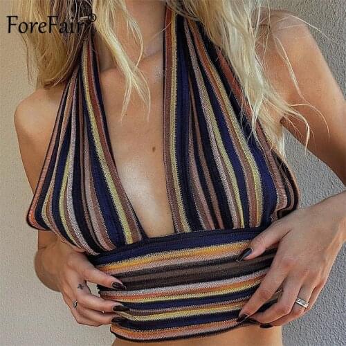 Forefair 2021 Sexy Striped Twist Cross Crop Tops Women Halter V Neck Hollow Out Backless VintageTops Slim Streetwear Outfits